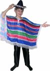 Детский карнавальный костюм мексиканца, полосатое пончо  с бахромой и плетеное сомбреро из синей соломки с мелкими помпонами по краям сомбреро, артикул Е51282, фирма Snowmen, размеры на 4-6, 7-10, 11-14 лет